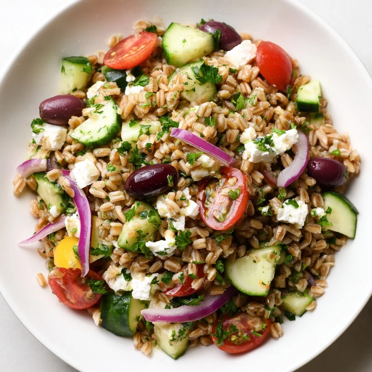 Fresh Mediterranean Farro Salad with Cucumber and Feta tossed in lemon-oregano dressing, glistening olive oil, and bright chopped parsley.