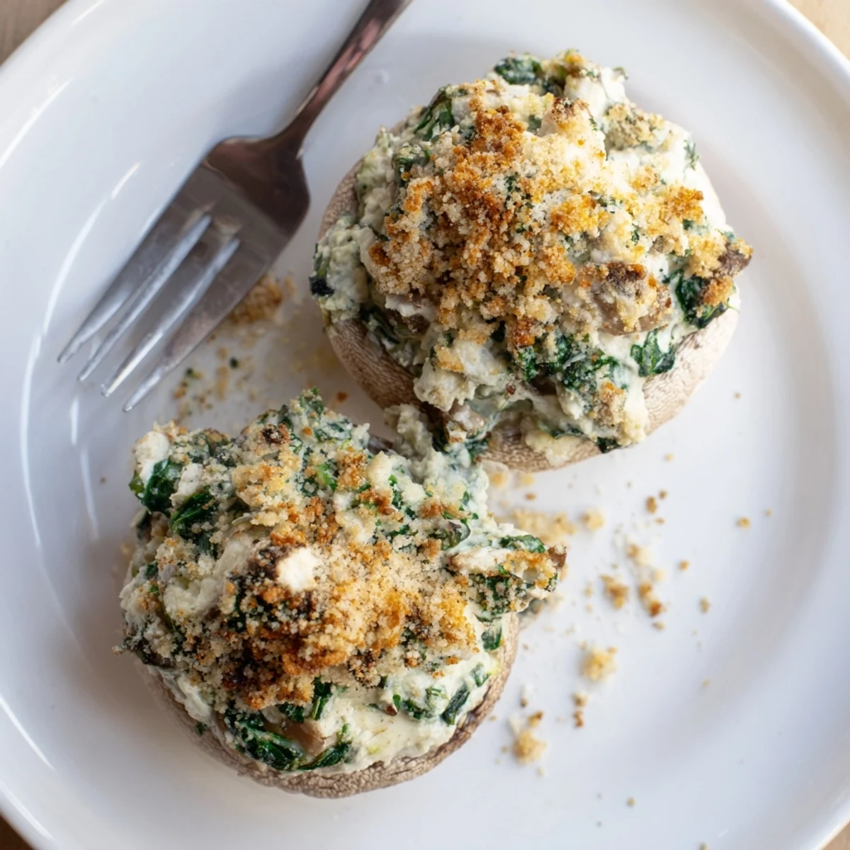 Golden-baked Cheesy Spinach and Artichoke Stuffed Mushrooms with melted mozzarella and herbs on a rustic wooden board.