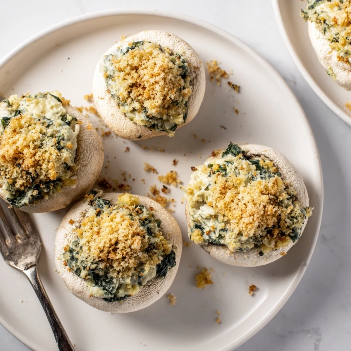 Savory Cheesy Spinach and Artichoke Stuffed Mushrooms served warm as an easy appetizer for a party platter.