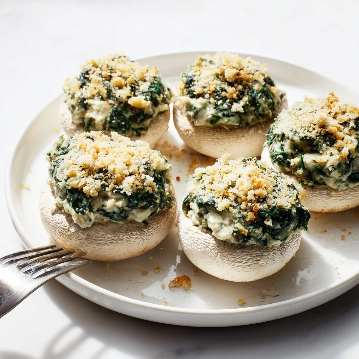 Tender mushroom caps filled with creamy Cheesy Spinach and Artichoke Stuffed Mushrooms, garnished with fresh parsley for color.