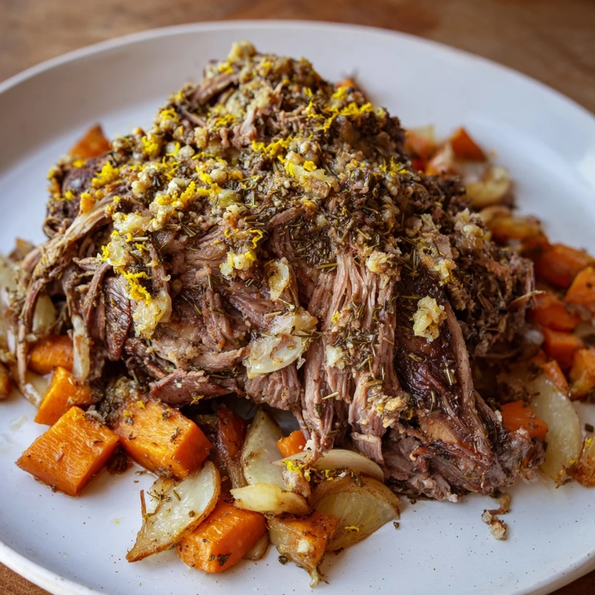 A juicy slice of Slow Cooked Lamb Shoulder with Garlic and Herbs rests on a platter next to roasted root vegetables and fresh rosemary.