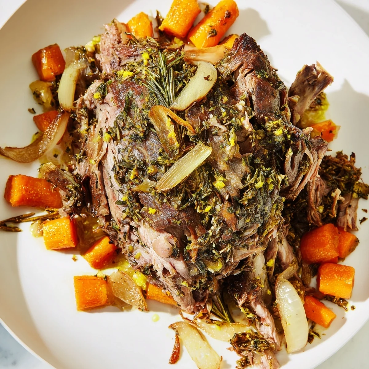 A close view of Slow Cooked Lamb Shoulder with Garlic and Herbs being shredded with forks, revealing tender meat and aromatic pan juices.