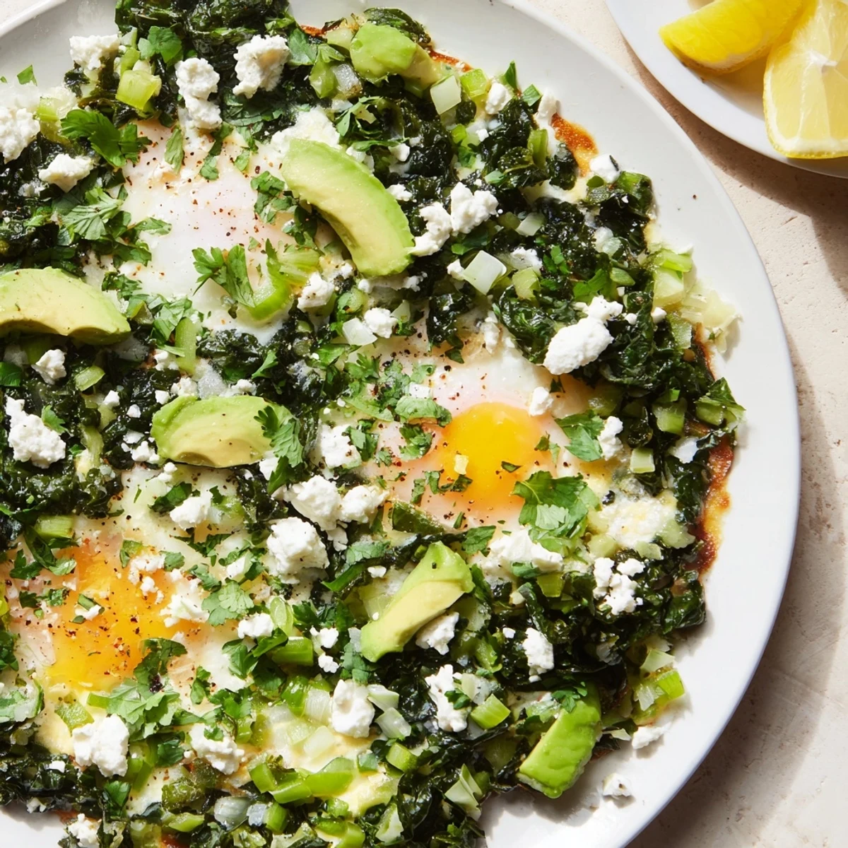A close-up of Green Shakshuka with Spinach and Feta in a skillet, showcasing wilted greens and runny egg yolks.  