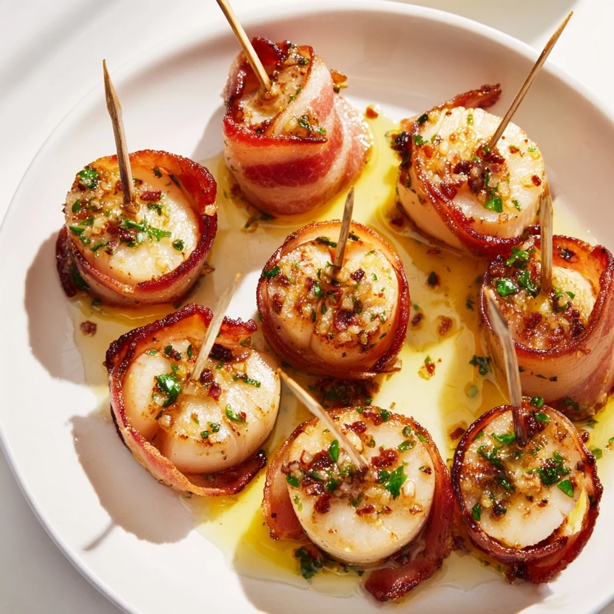 Freshly baked Beef Bacon Wrapped Scallops with Garlic Butter glisten on a platter, topped with parsley and lemon wedges.
