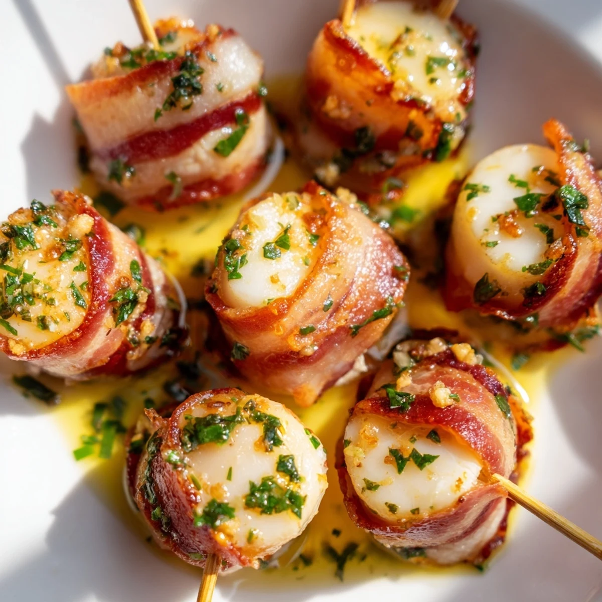 Golden Beef Bacon Wrapped Scallops with Garlic Butter are arranged neatly on a wire rack next to a buttery dipping sauce.