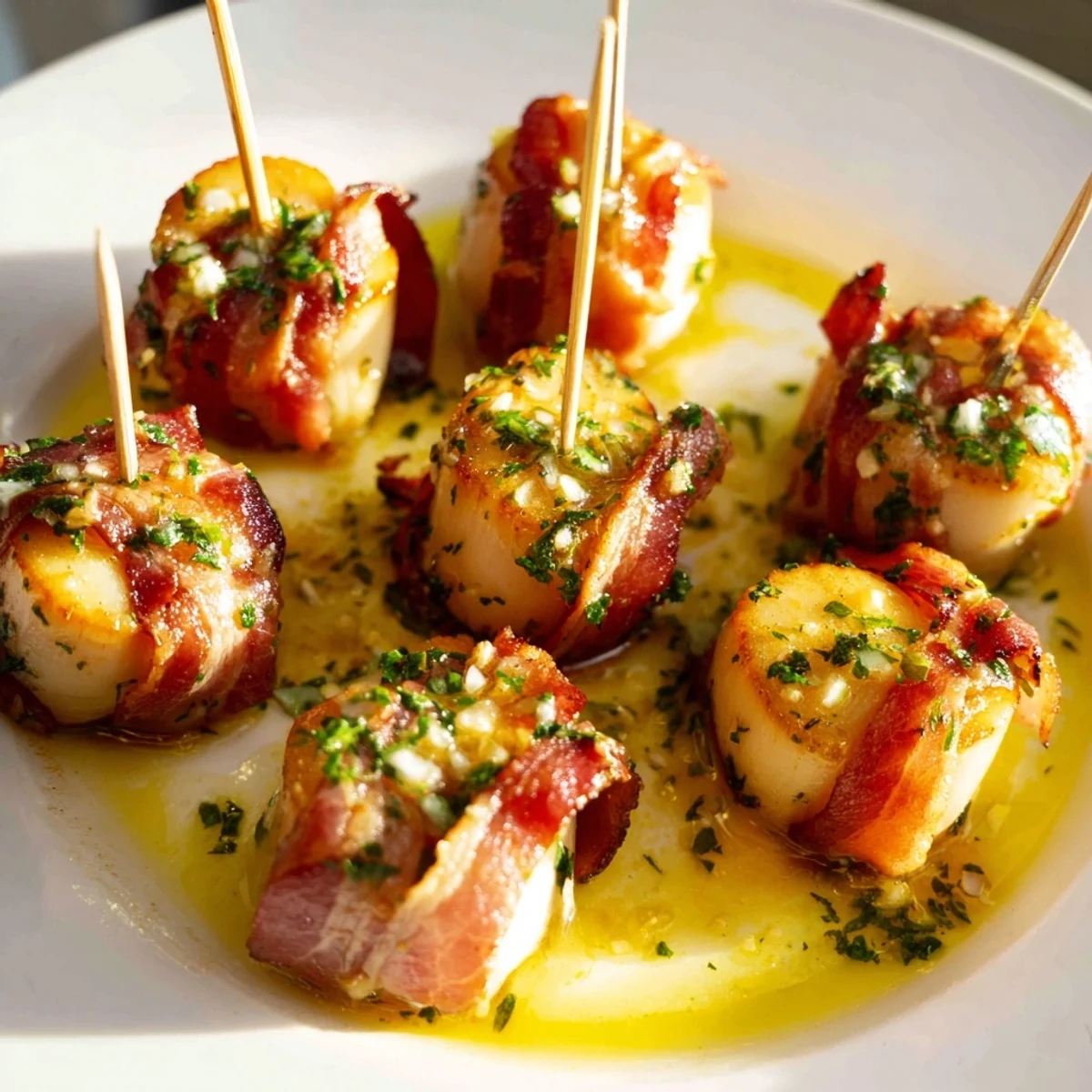 Beef Bacon Wrapped Scallops with Garlic Butter sit on a white plate, drizzled with garlic butter and garnished with lemon.