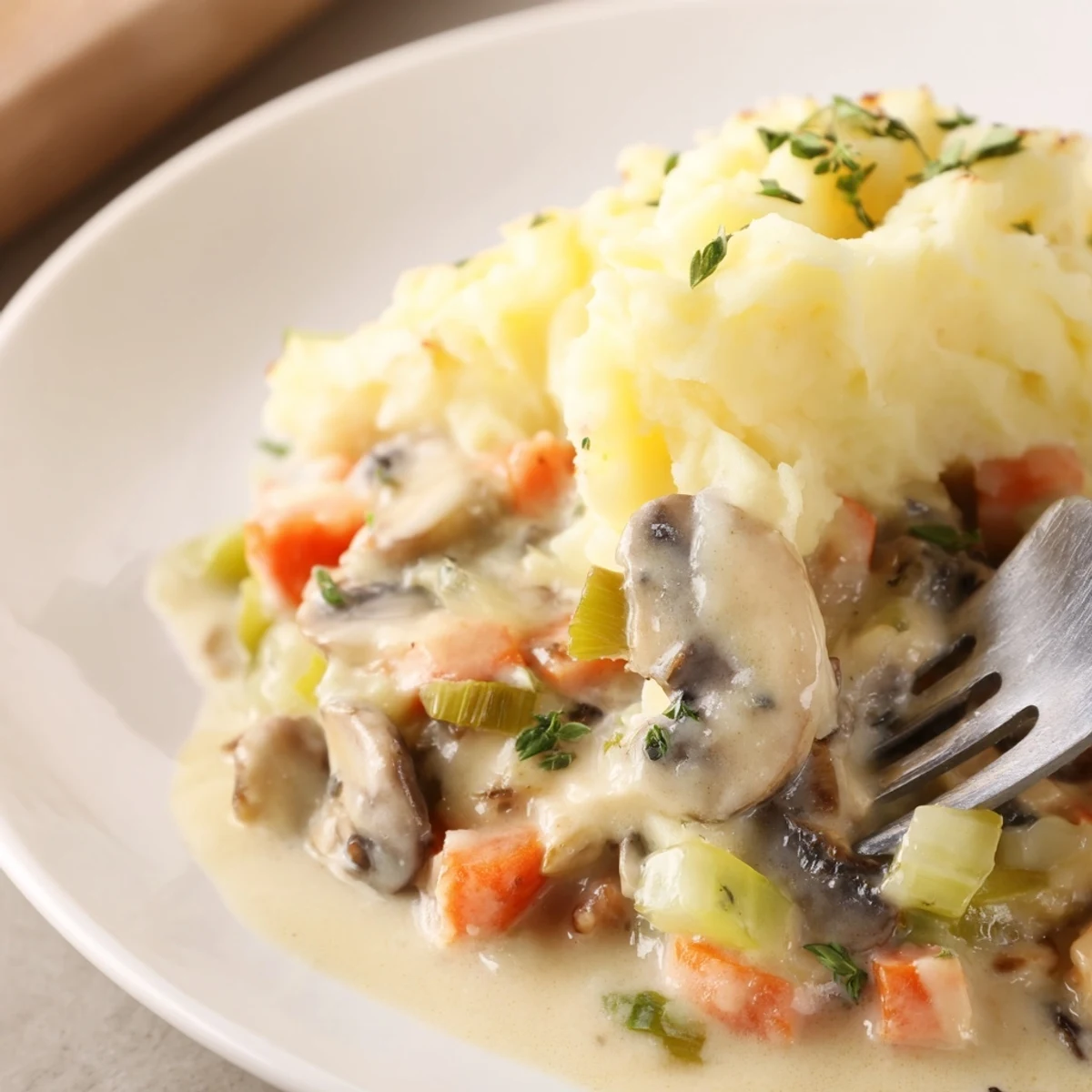 A slice of Creamy Mushroom and Leek Shepherds Pie served with a green salad on a rustic wooden table.