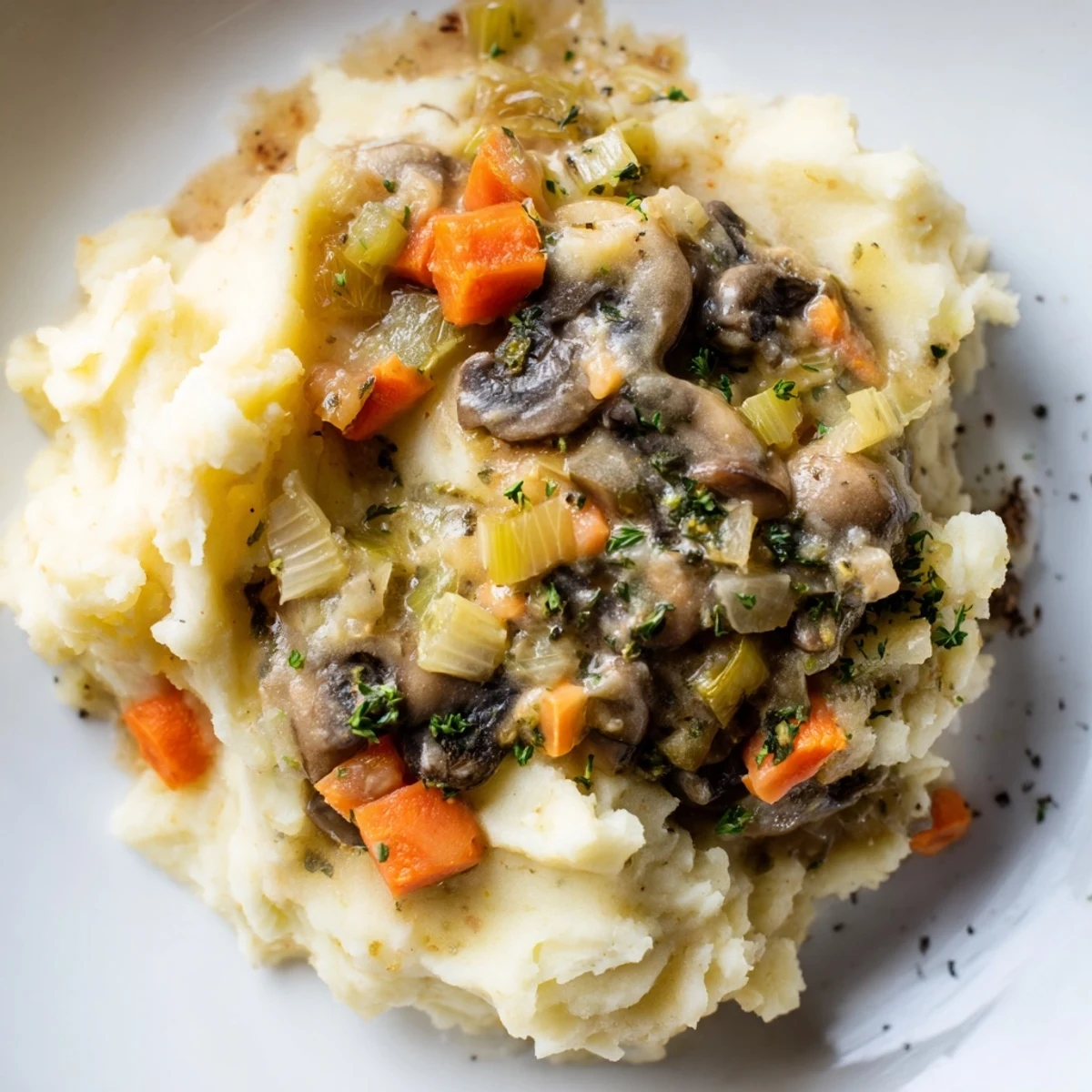 Close-up of Creamy Mushroom and Leek Shepherds Pie featuring fork ridged potatoes and a spoonful of mushroom leek filling.