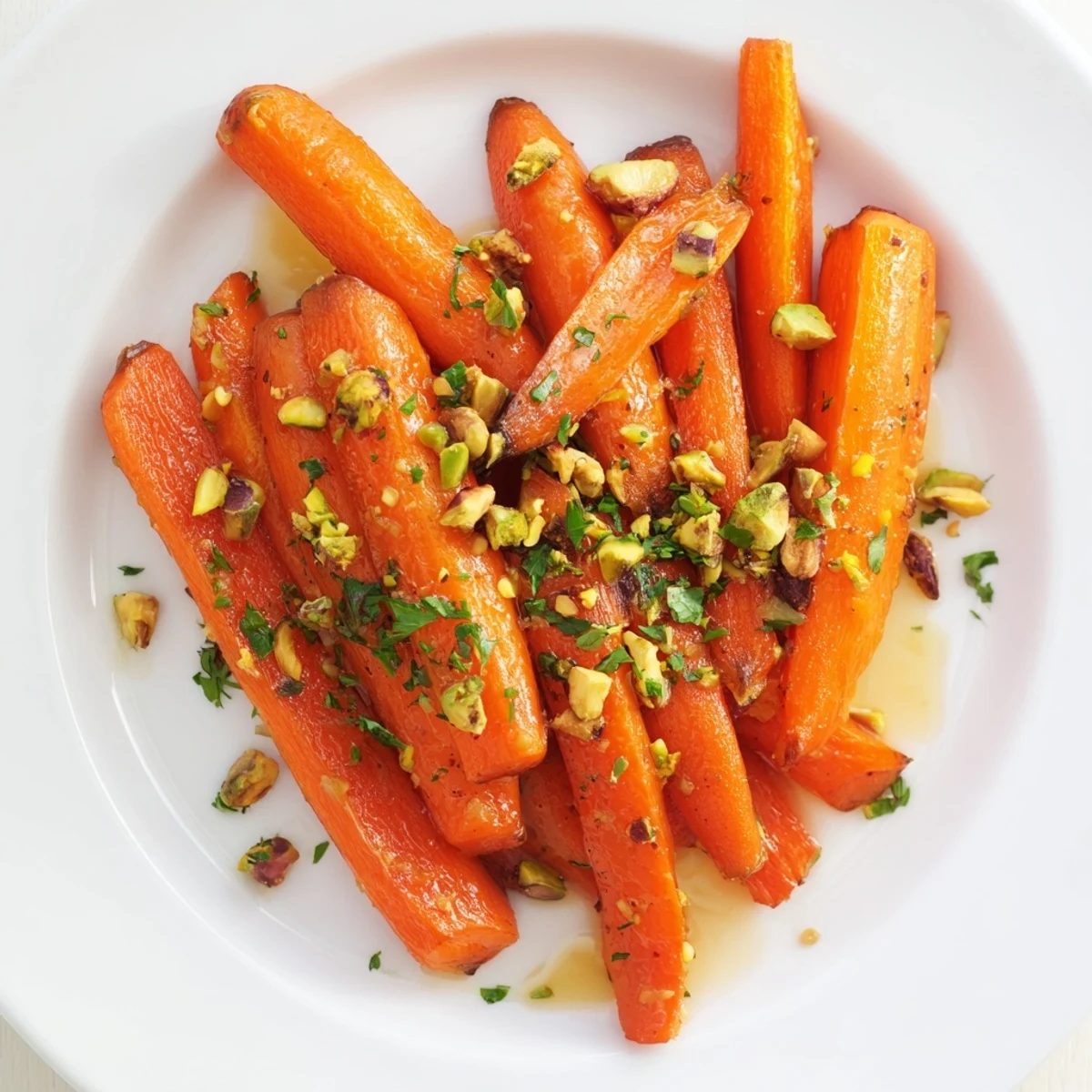 A close-up of roasted carrots with honey and pistachios, glistening with sweet glaze on a rustic wooden serving platter.