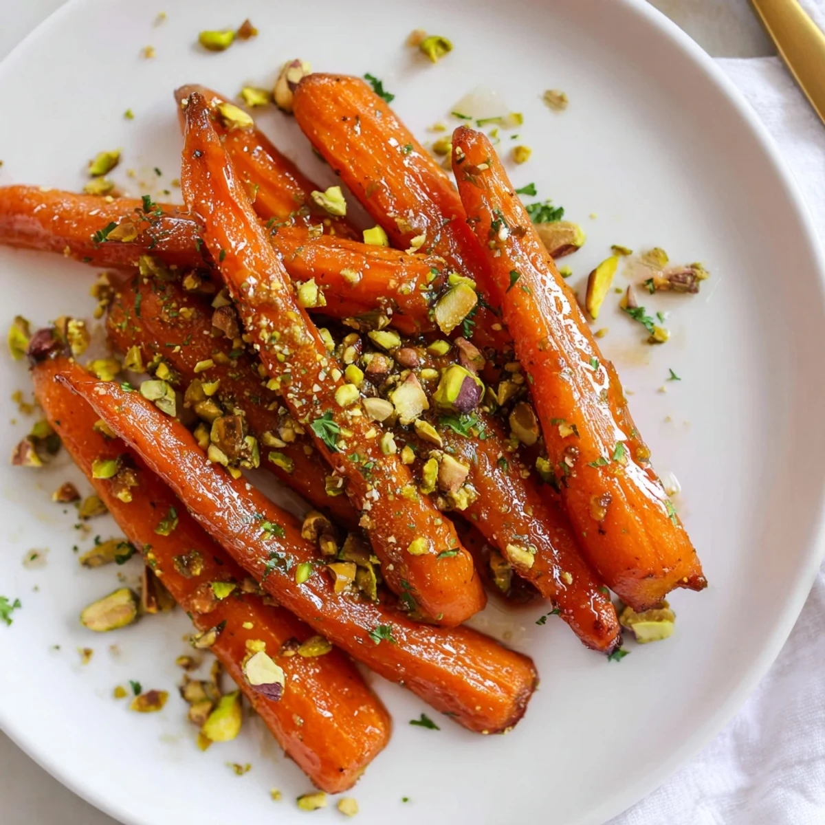 Overhead view of golden roasted carrots with honey and pistachios, garnished with fresh parsley for a vibrant Mediterranean side dish.