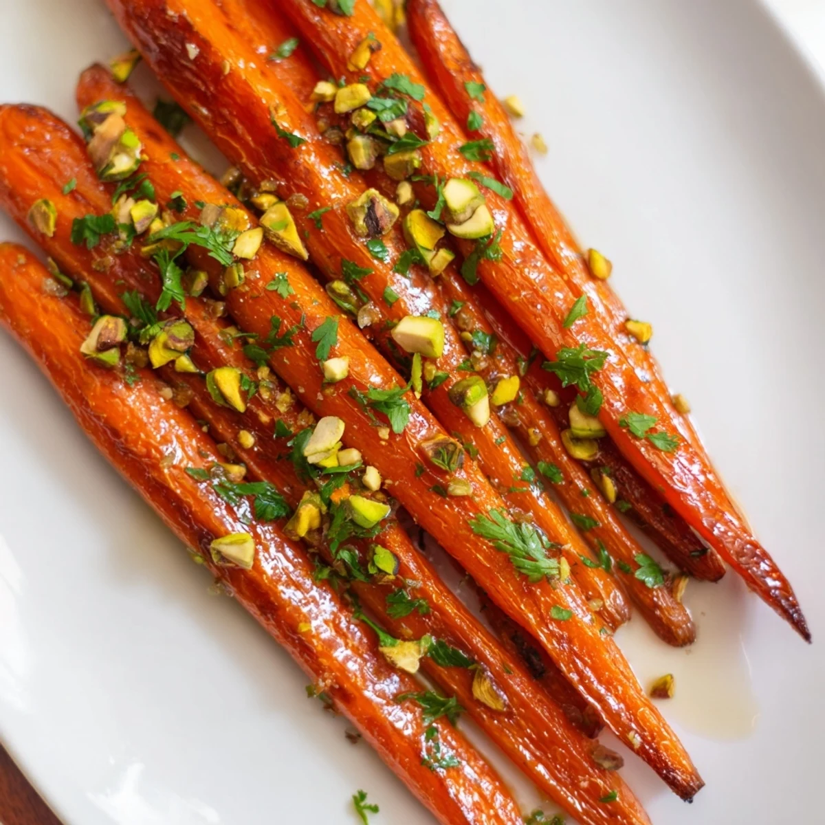 Sizzling roasted carrots with honey and pistachios served warm, topped with crunchy nuts and a squeeze of lemon for brightness.