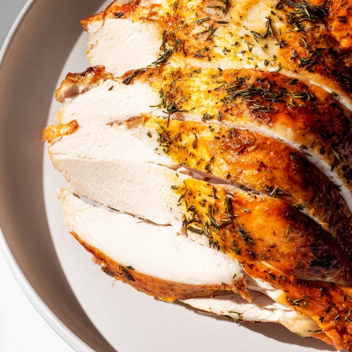 Savory Herb Roasted Turkey Breast sliced on a platter with fresh herbs and lemon wedges, perfect for a festive family dinner.