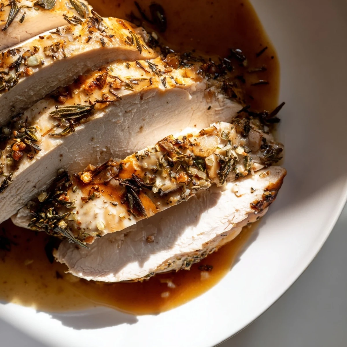 Golden-brown Savory Herb Roasted Turkey Breast with Gravy glistening on a platter beside fresh herbs and lemon zest.
