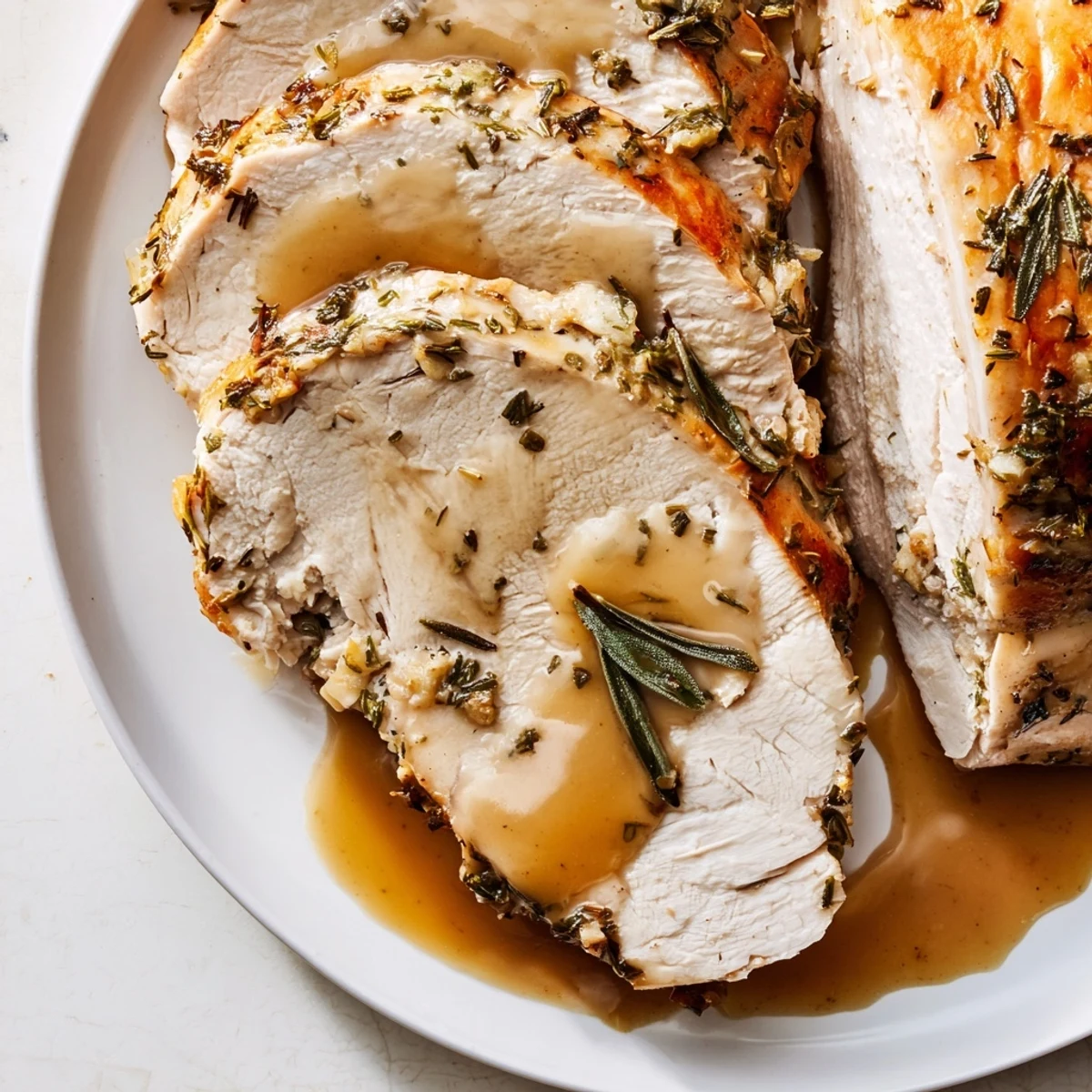 A rustic family-style dinner plate featuring Savory Herb Roasted Turkey Breast with Gravy and colorful roasted vegetables.