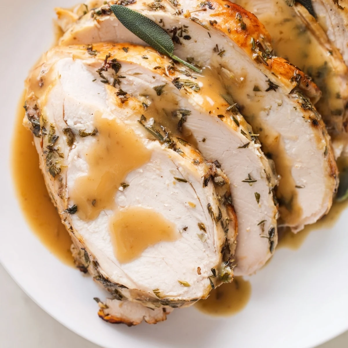 Savory Herb Roasted Turkey Breast with Gravy served hot with steaming gravy poured over juicy sliced meat.