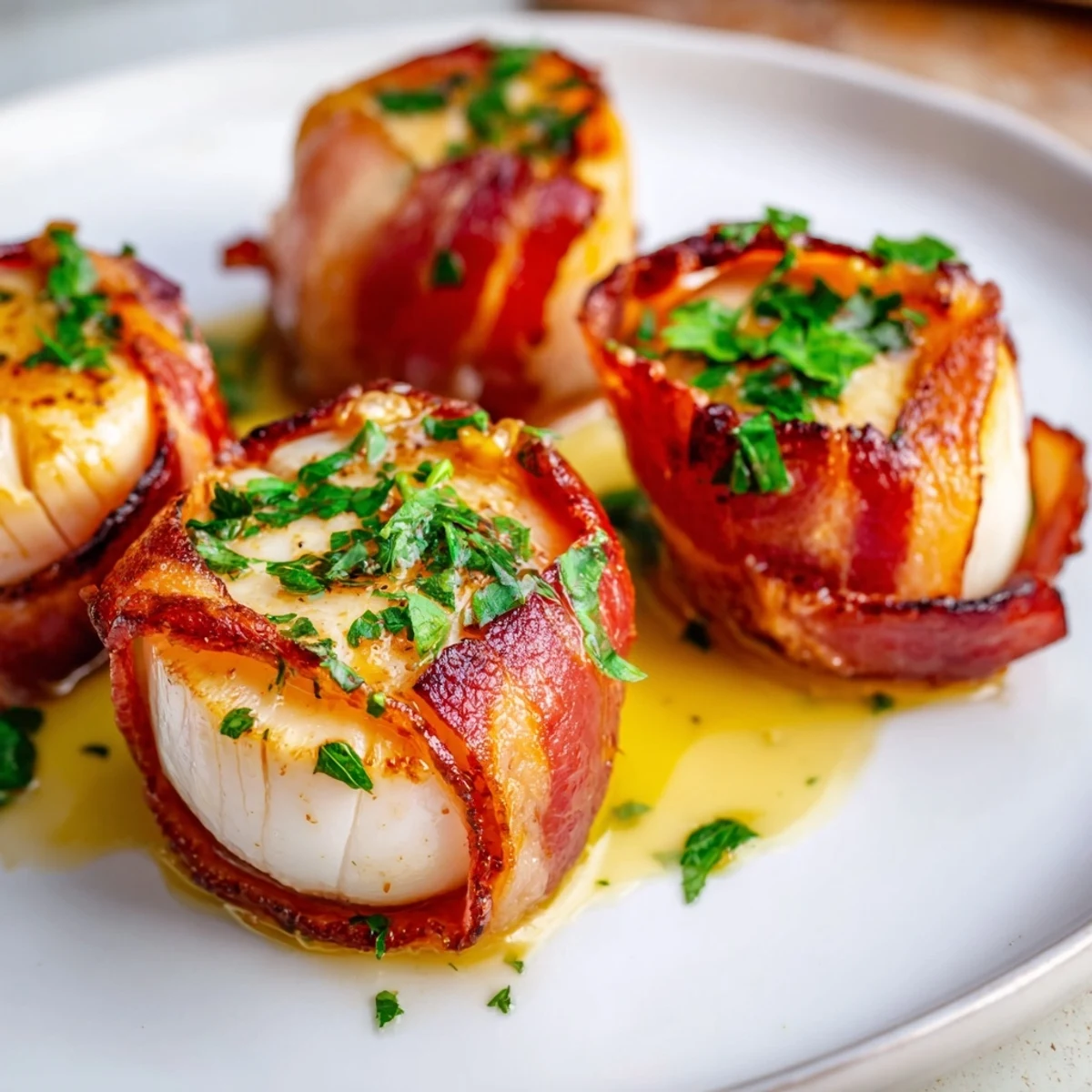 Juicy scallops wrapped in crispy beef bacon, glazed with bright lemon butter sauce, perfect for an elegant dinner appetizer.