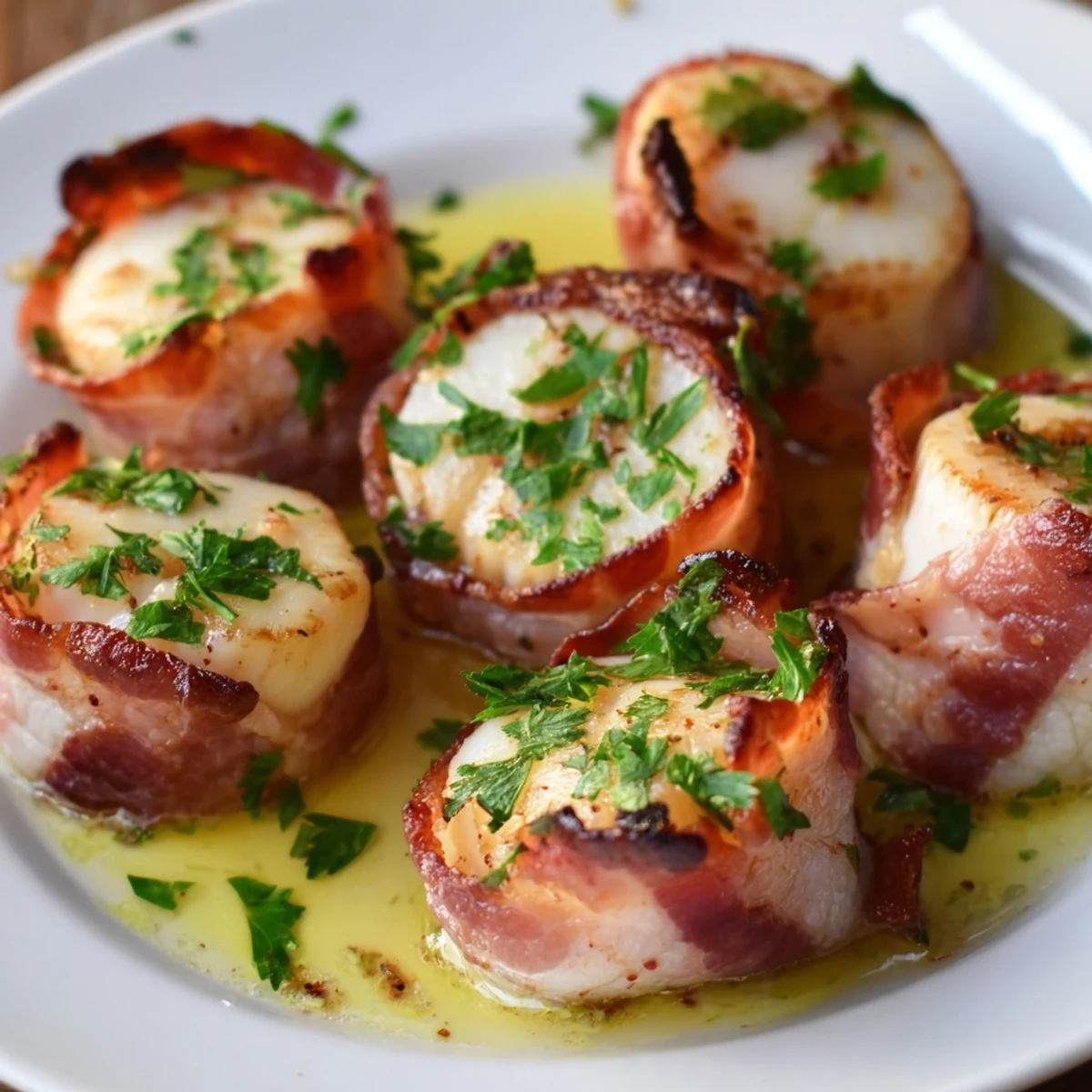 Pan-seared beef bacon wrapped scallops with golden edges, drizzled in garlic lemon butter and garnished with fresh parsley.