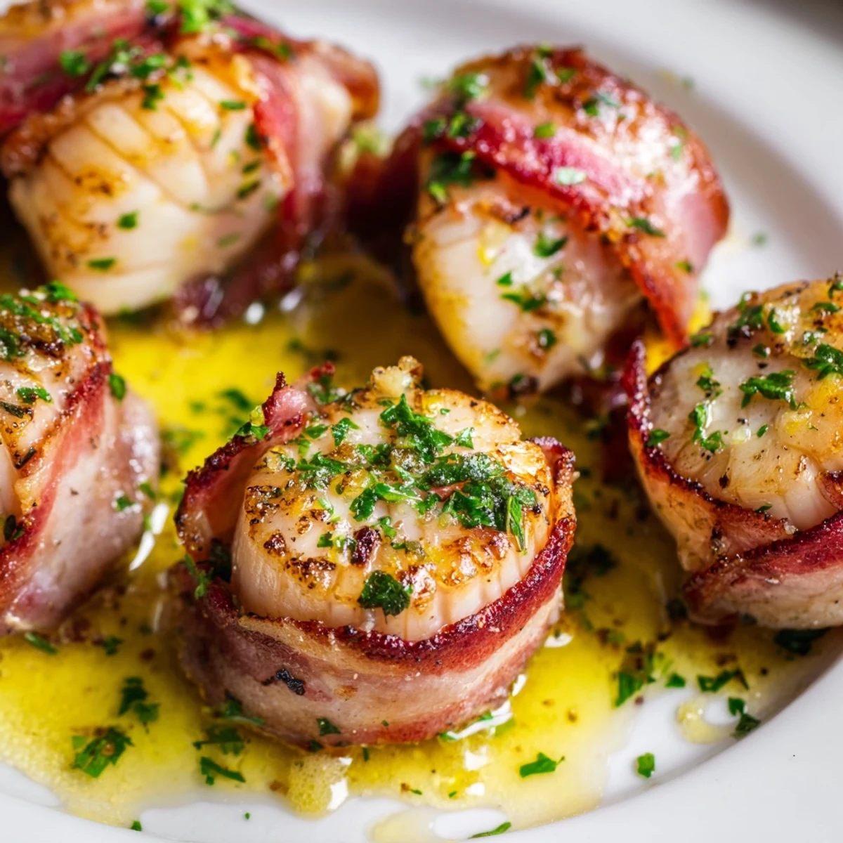 Succulent scallops in beef bacon, served warm from the oven with a zesty lemon butter drizzle over a simple bed of greens.
