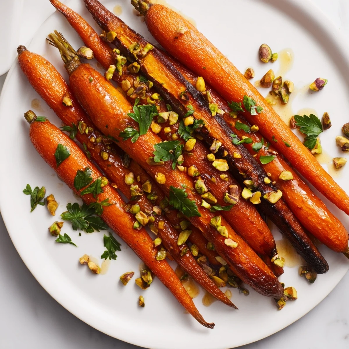 Golden roasted carrots with honey and toasted pistachios glisten on a white plate, garnished with fresh parsley.  