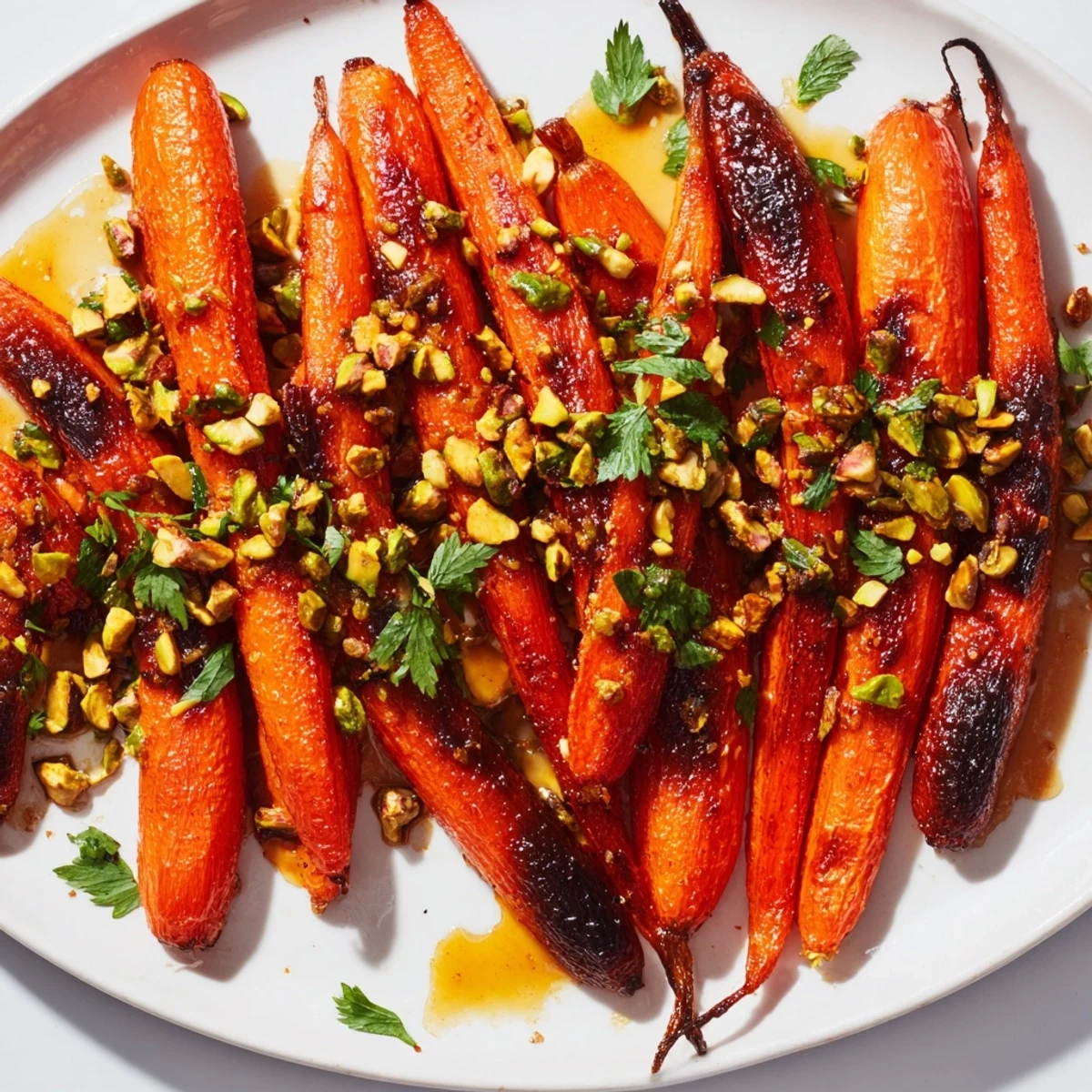 A close-up shows caramelized roasted carrots with honey and toasted pistachios beside a serving fork.  