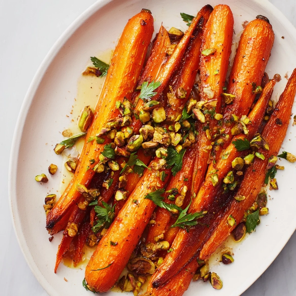 Warm roasted carrots with honey and toasted pistachios are served as a vegetarian gluten-free side dish.