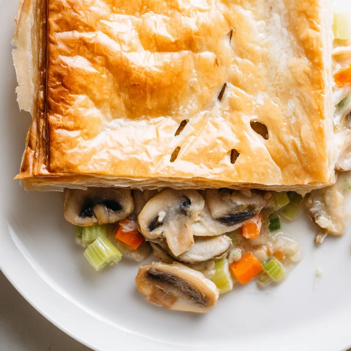 A close-up of Creamy Mushroom and Leek Pot Pie with golden, flaky pastry and steam rising from the dish.