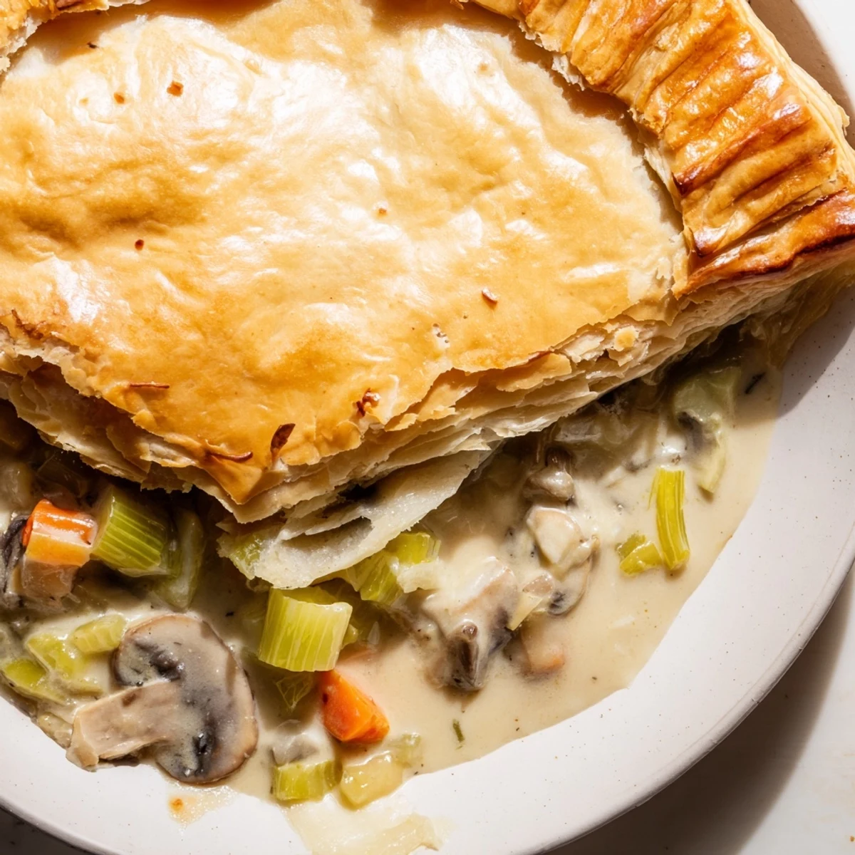 The bubbly filling of Creamy Mushroom and Leek Pot Pie peeks through vents in the crust, served on a rustic table.