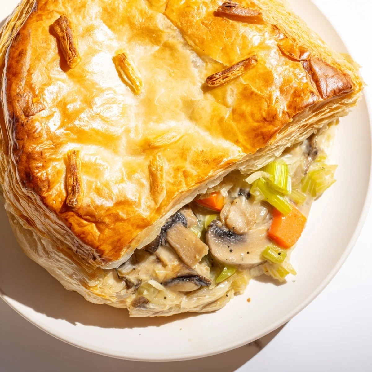 An overhead view of Creamy Mushroom and Leek Pot Pie alongside a fresh green salad on a wooden board.