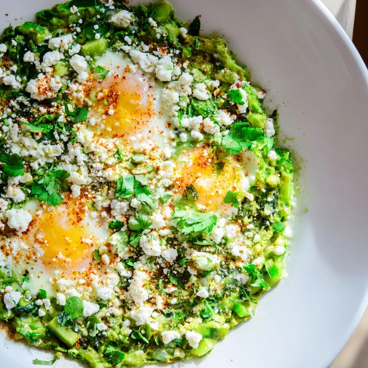 Overhead view of Green Shakshuka with Spinach and Feta Cheese served in a cast-iron skillet with fresh herbs.  