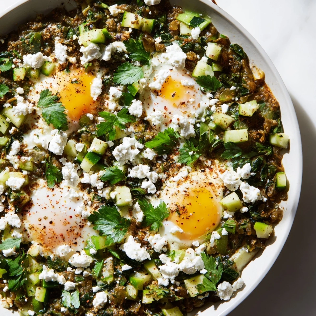 Vibrant Green Shakshuka with Spinach and Feta Cheese features poached eggs nestled in a savory herb sauce.  