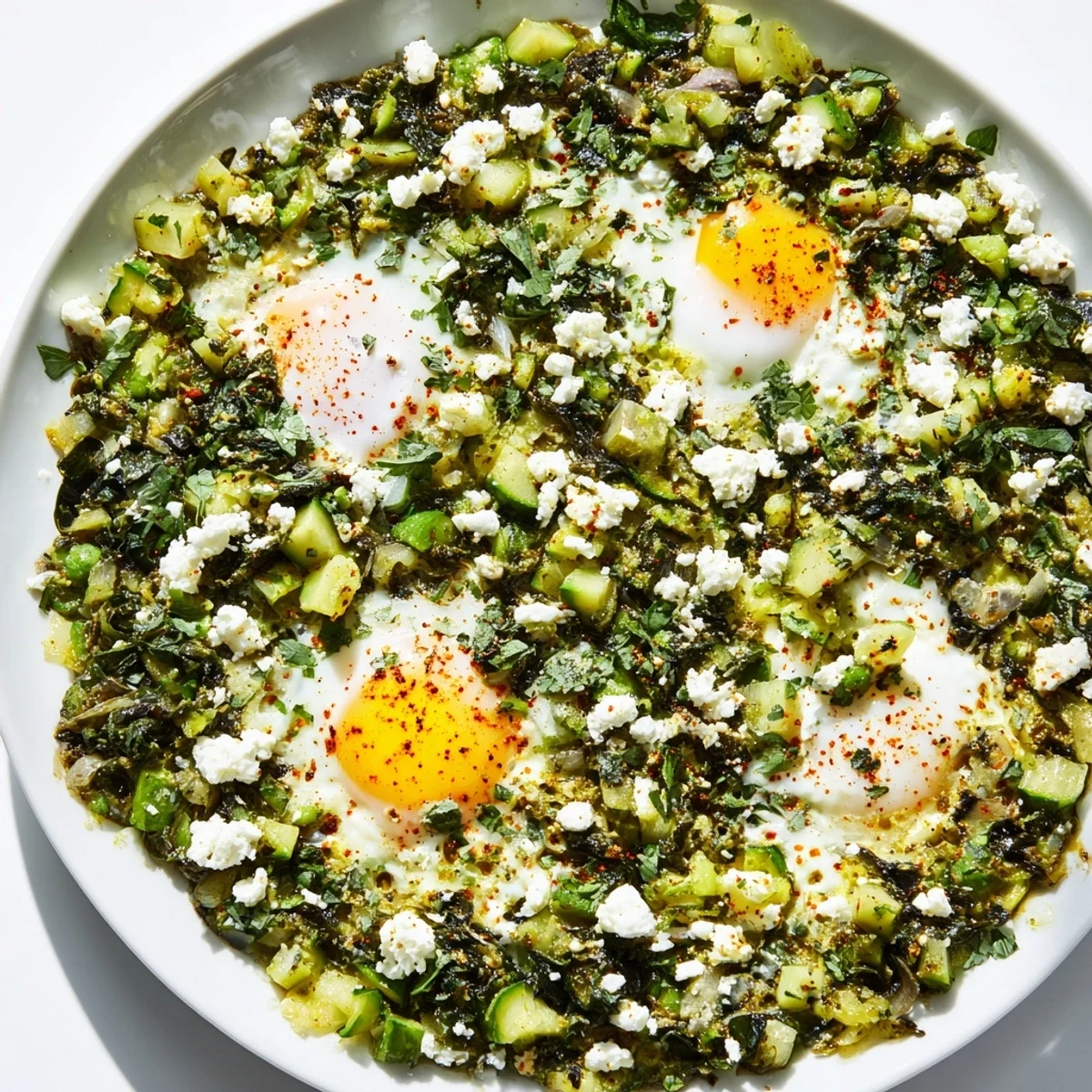 Close-up on a spoon dipping into Green Shakshuka with Spinach and Feta Cheese revealing creamy feta crumbles.
