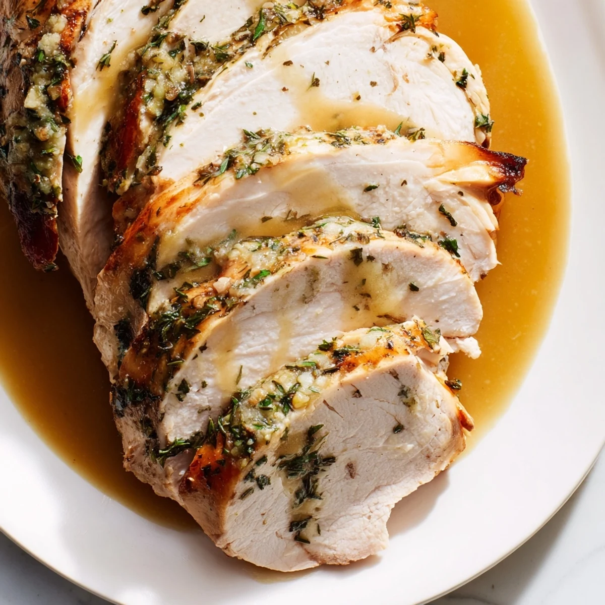 Sliced Savory Herb Roasted Turkey Breast with Gravy drizzled over juicy, tender meat.