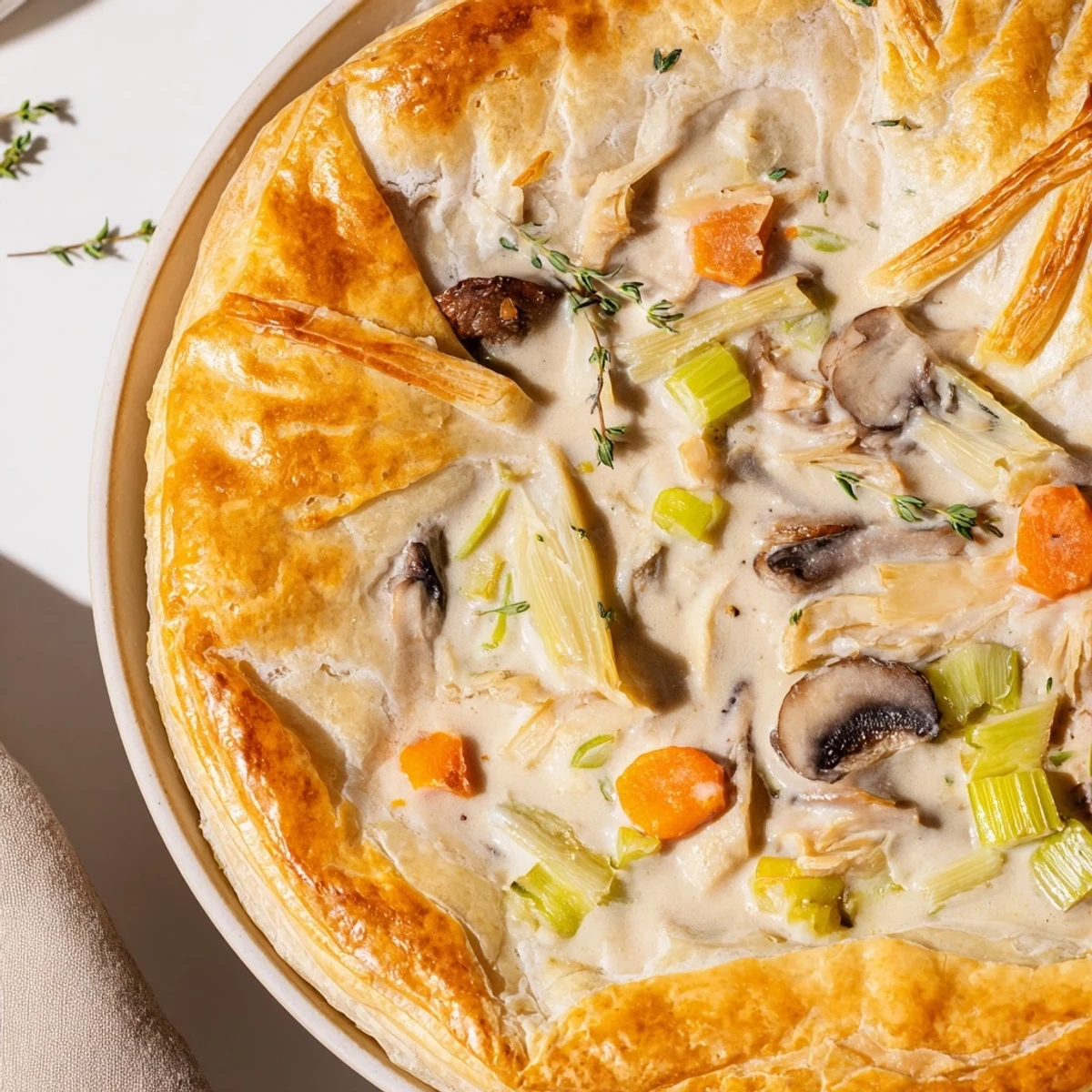 Freshly baked Creamy Mushroom and Leek Pot Pie with golden, flaky puff pastry and a steamy vegetable filling.