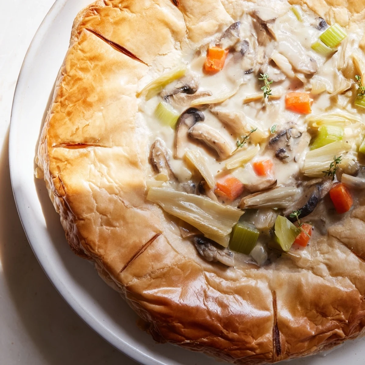 Golden pastry tops the Creamy Mushroom and Leek Pot Pie, served hot with thyme and rich, velvety sauce.