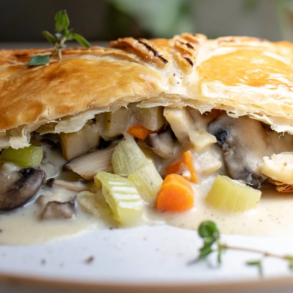 Savory Creamy Mushroom and Leek Pot Pie features tender leeks and mushrooms in a creamy sauce under flaky crust.