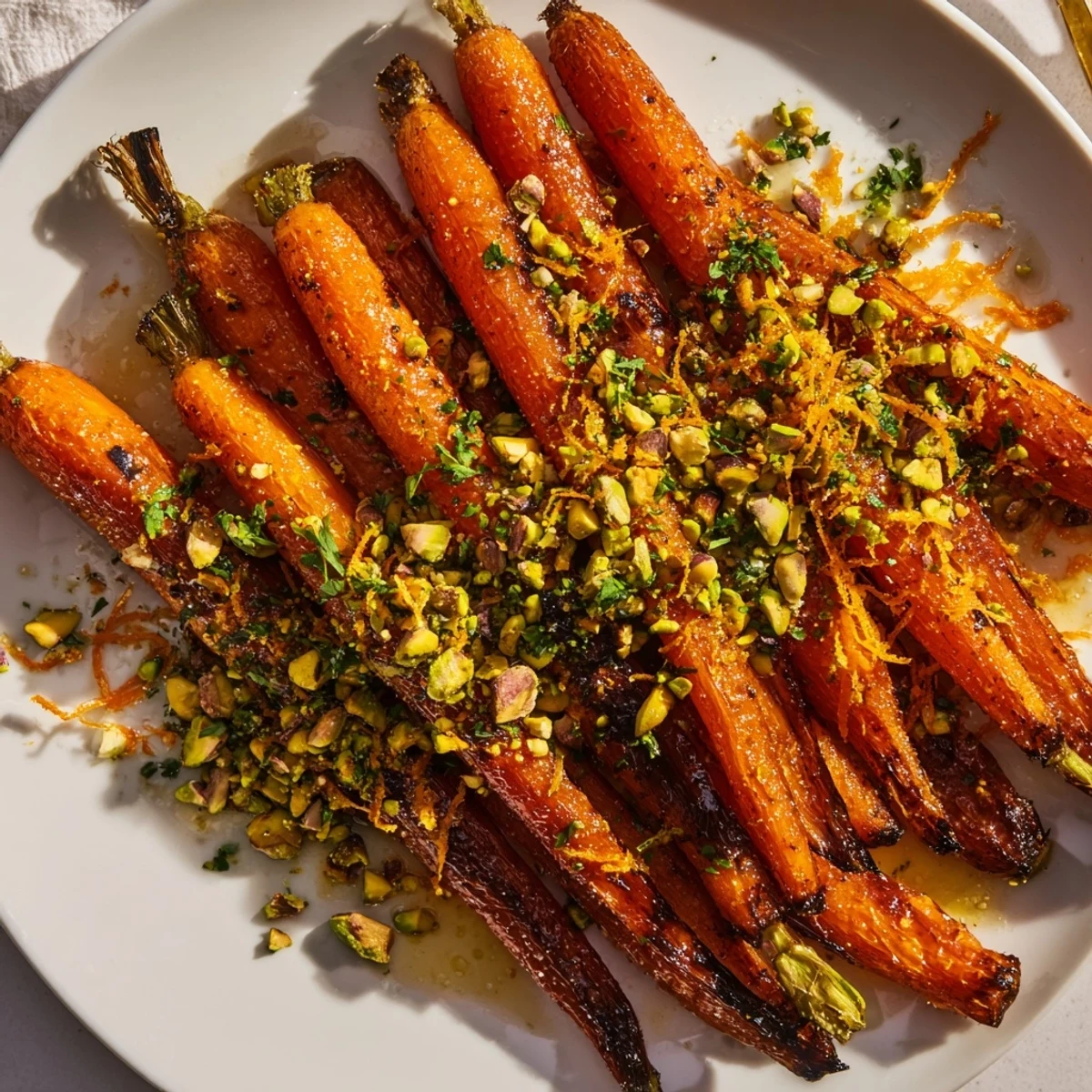 Golden roasted carrots with honey and toasted pistachios arranged in a serving dish, drizzled with citrus and ready to accompany a grilled protein.