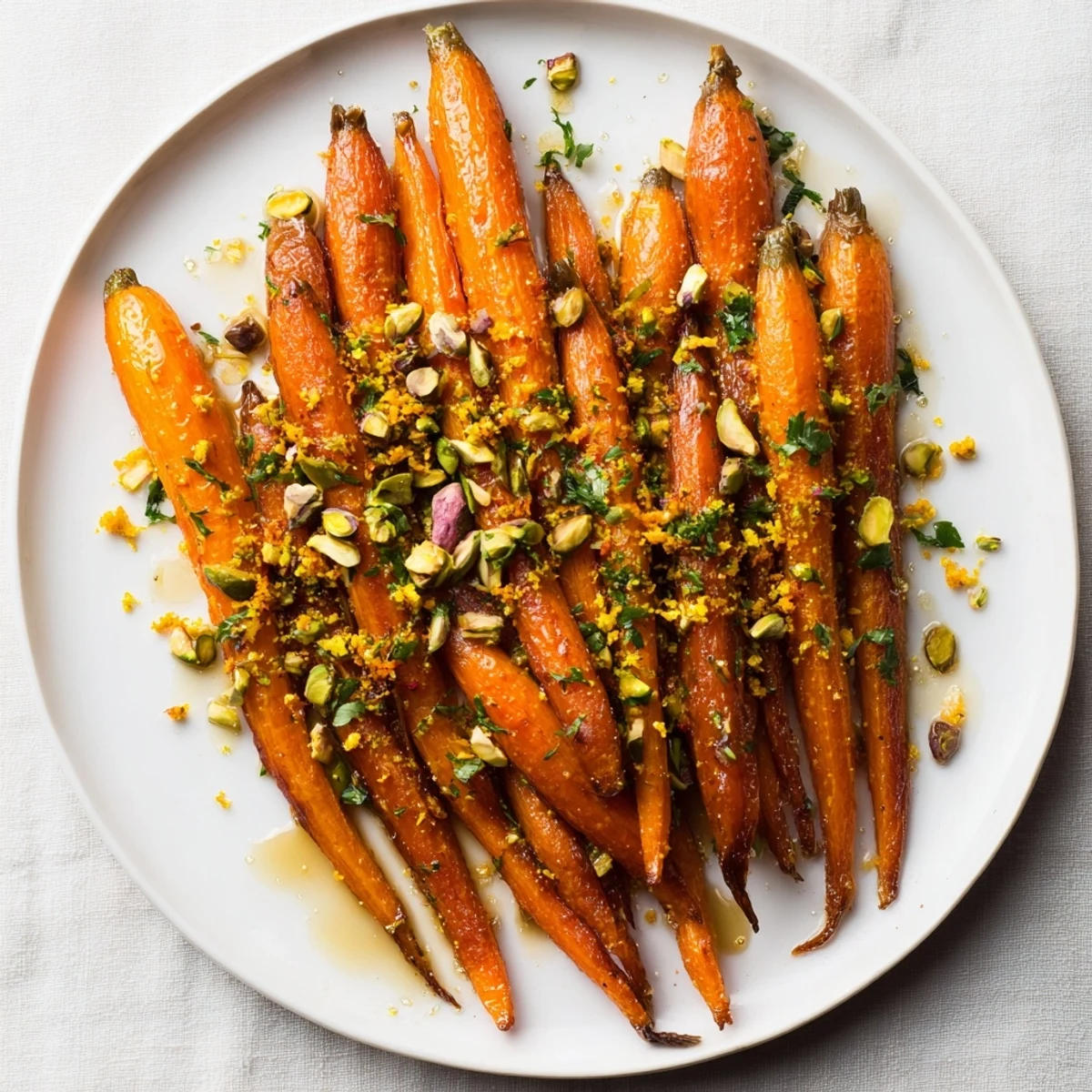 Bright orange roasted carrots with honey and toasted pistachios on a rustic white plate, garnished with fresh parsley and orange zest for a colorful side dish.