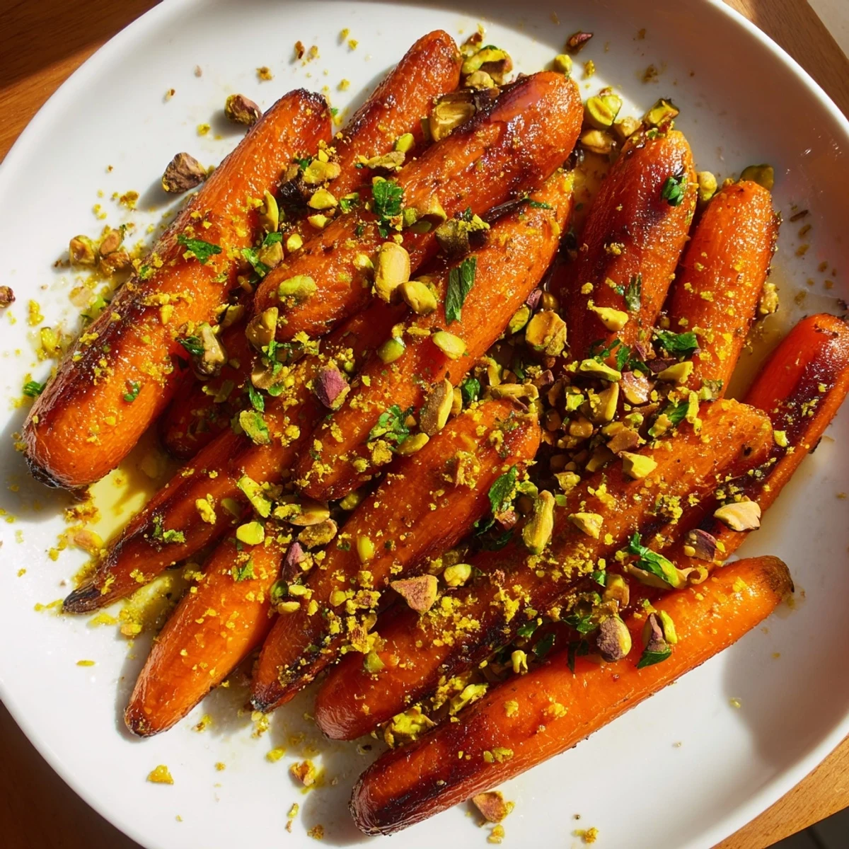 Vibrant roasted carrots with honey and toasted pistachios, glistening with a sticky glaze, topped with chopped nuts and orange zest for an elegant finish.
