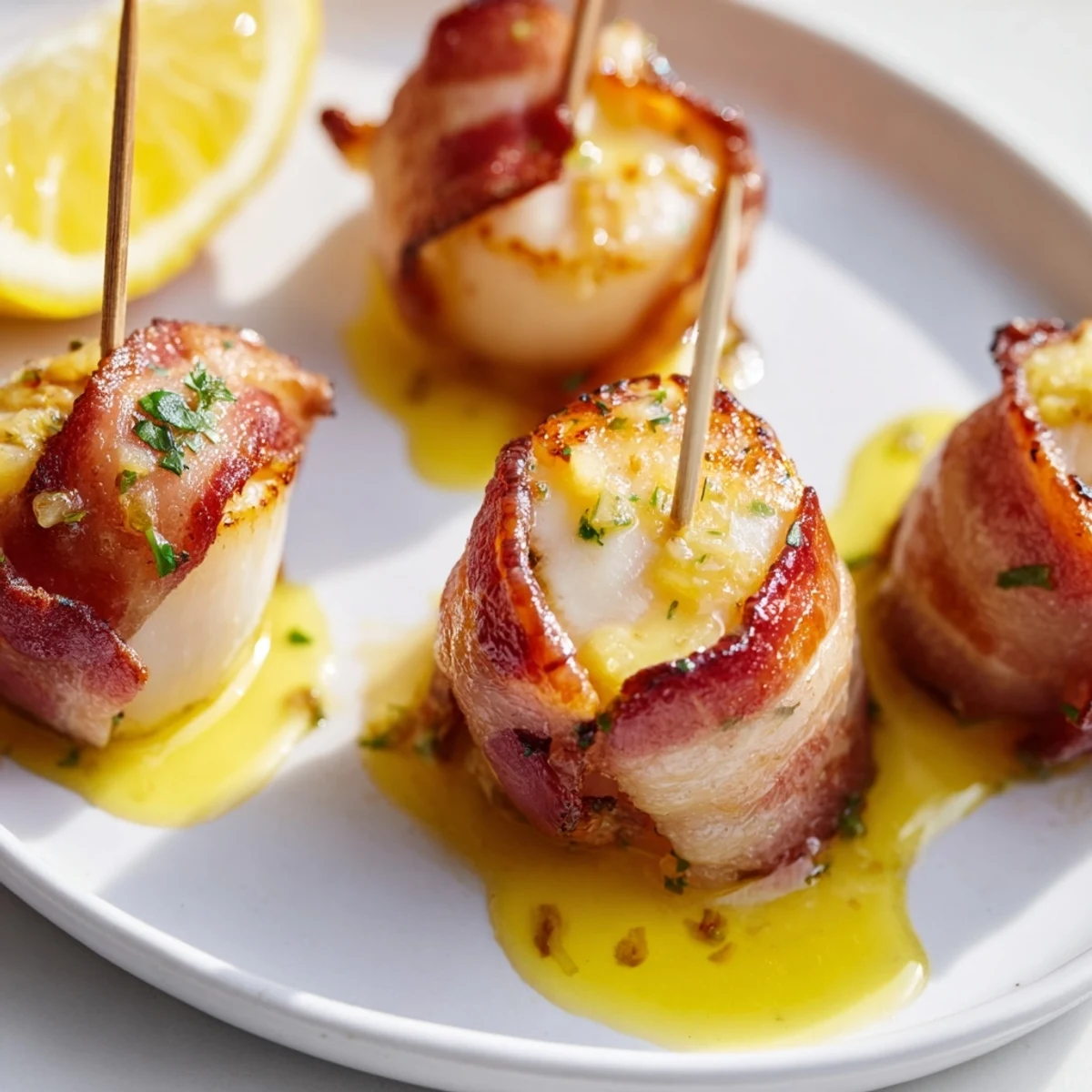 Juicy sea scallops wrapped in crispy beef bacon, drizzled with bright lemon butter sauce for a perfect appetizer.