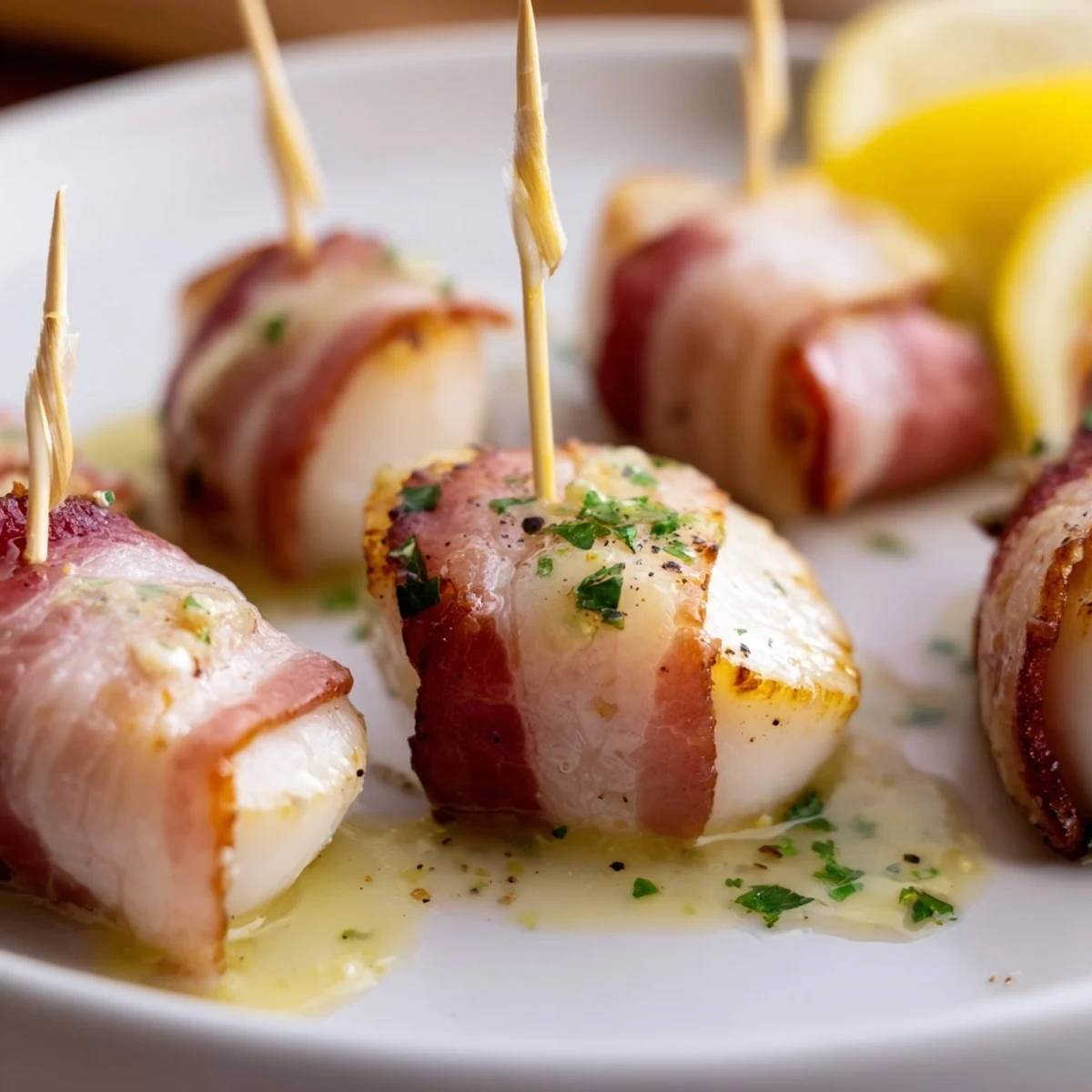 Beef Bacon Wrapped Scallops with Lemon Butter broiled golden, served warm on a platter for an elegant main dish.