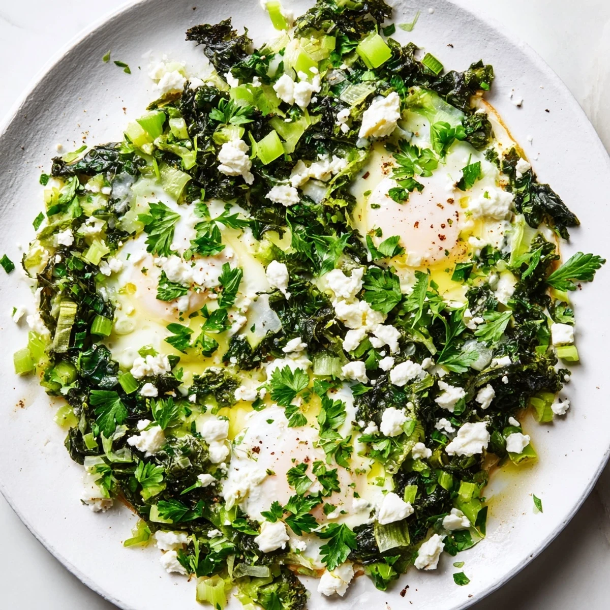 A close-up of Green Shakshuka with Spinach and Feta Cheese bubbling in a cast iron skillet, featuring vibrant greens and perfectly poached eggs.