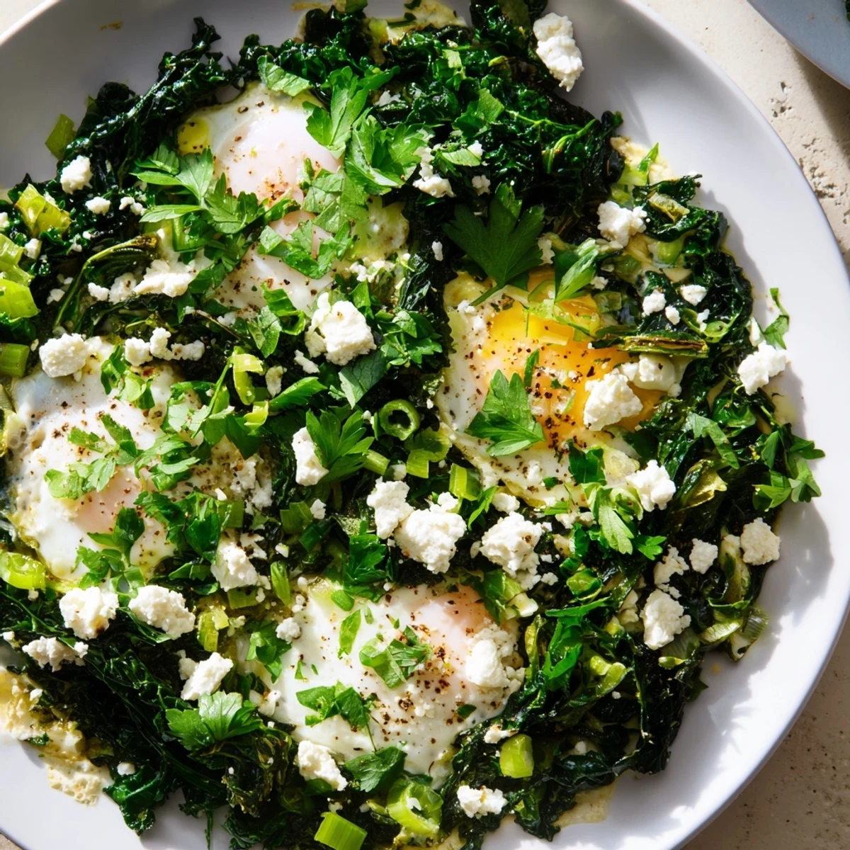 Green Shakshuka with Spinach and Feta Cheese served in a rustic pan, garnished with fresh herbs and ready to scoop with crusty bread.