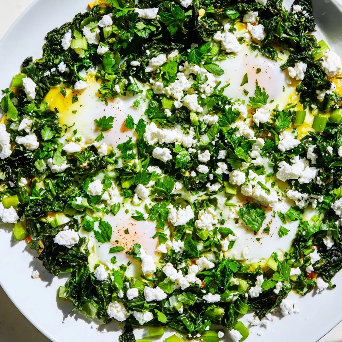 Top-down view of Green Shakshuka with Spinach and Feta Cheese, highlighting the creamy feta crumbles and rich olive oil drizzle on sautéed greens.