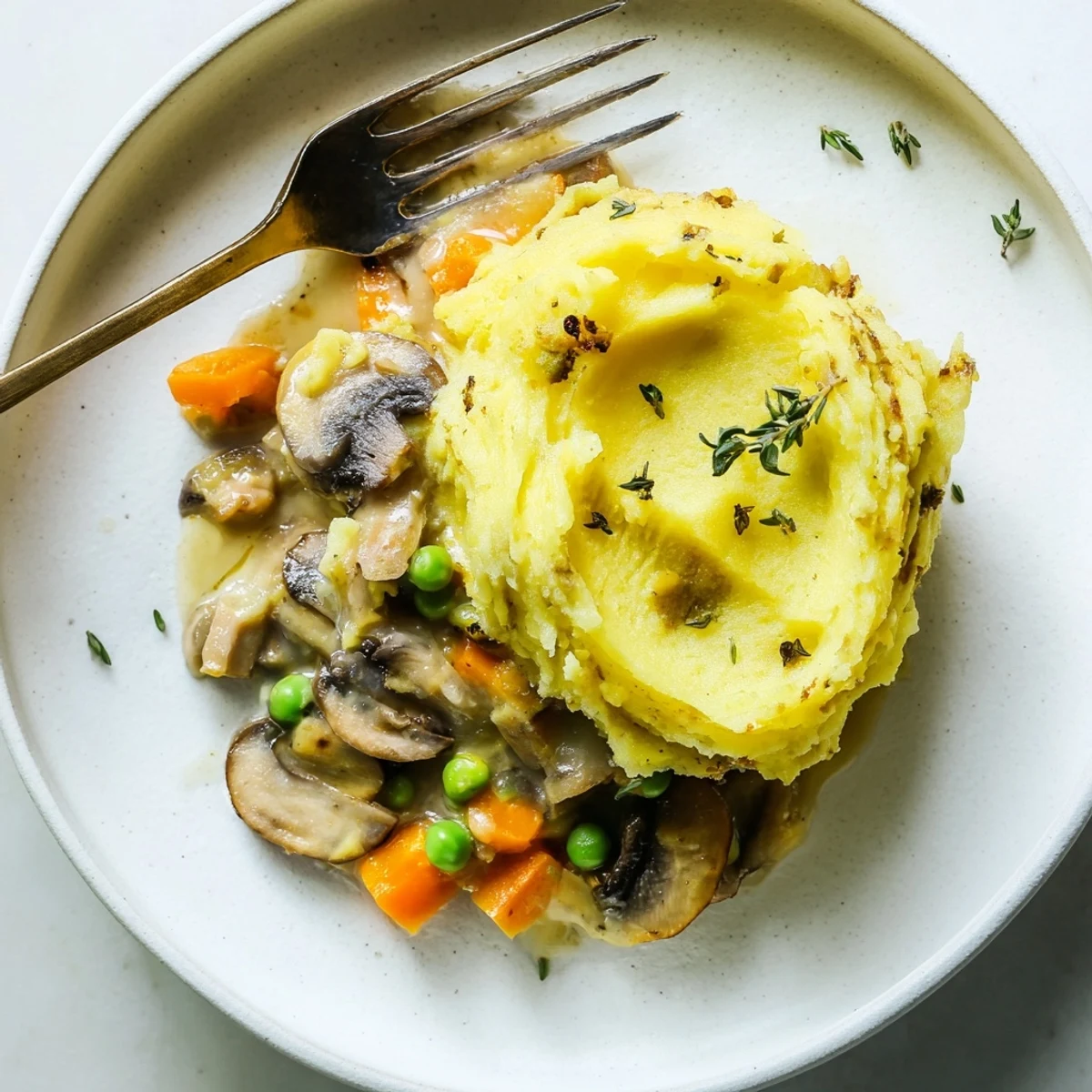 A close-up view of Creamy Mushroom and Leek Shepherds Pie, with golden ridged potatoes and steam rising.