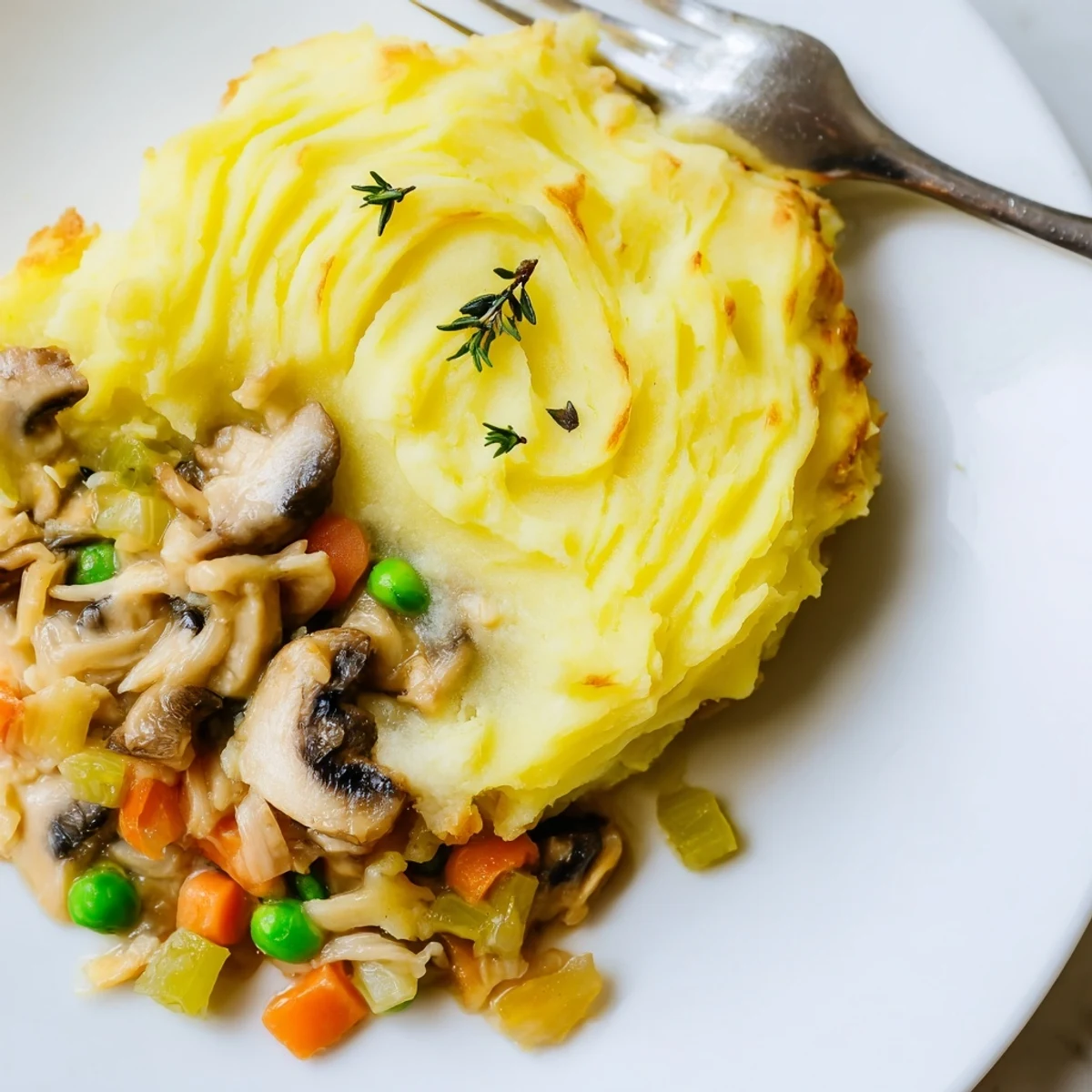 Freshly baked Creamy Mushroom and Leek Shepherds Pie served in a rustic dish, ready for a cozy dinner.