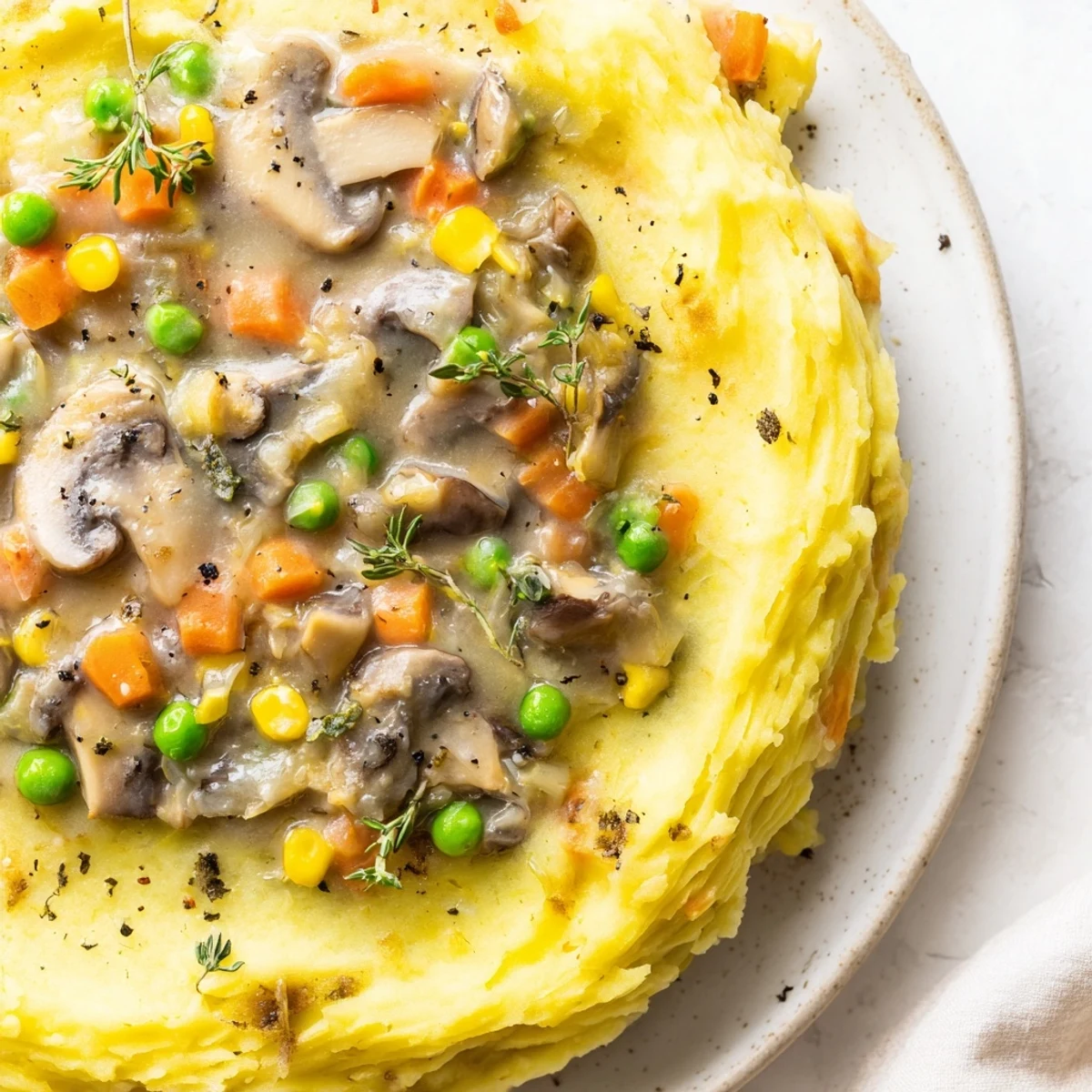 Serving spoon digging into Creamy Mushroom and Leek Shepherds Pie, revealing the rich, creamy filling inside.