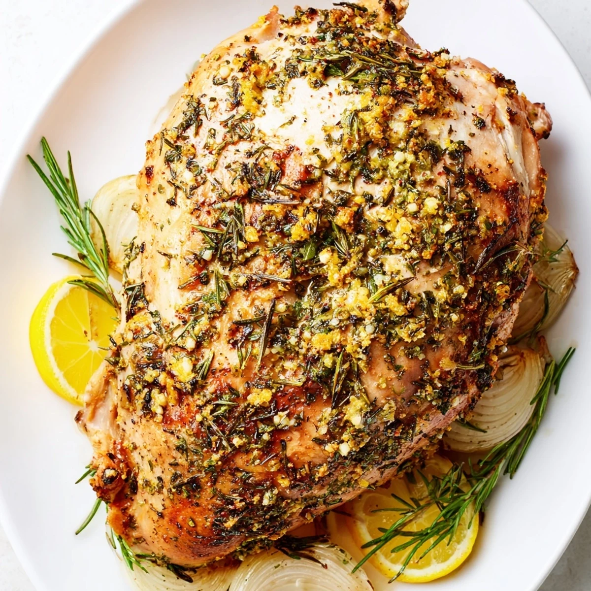 Golden-brown Savory Herb Roasted Turkey Breast glistens with rosemary, thyme, and lemon zest, resting on a white platter ready to slice.