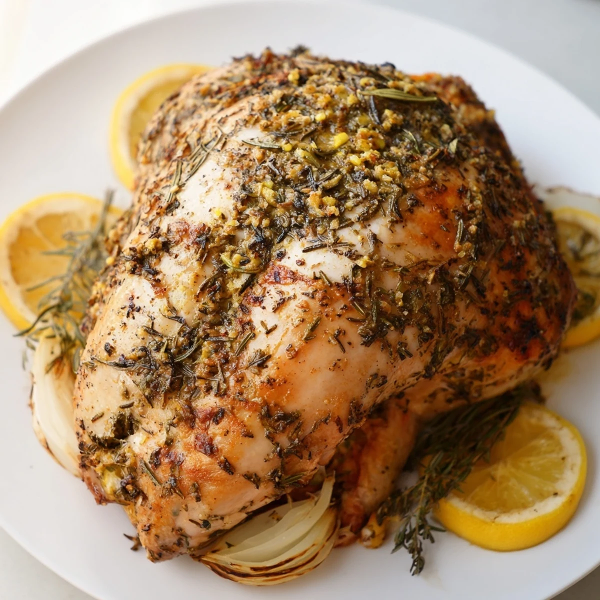 Roasted Savory Herb Roasted Turkey Breast with crispy skin and aromatic garlic herb crust served beside fresh parsley garnish.