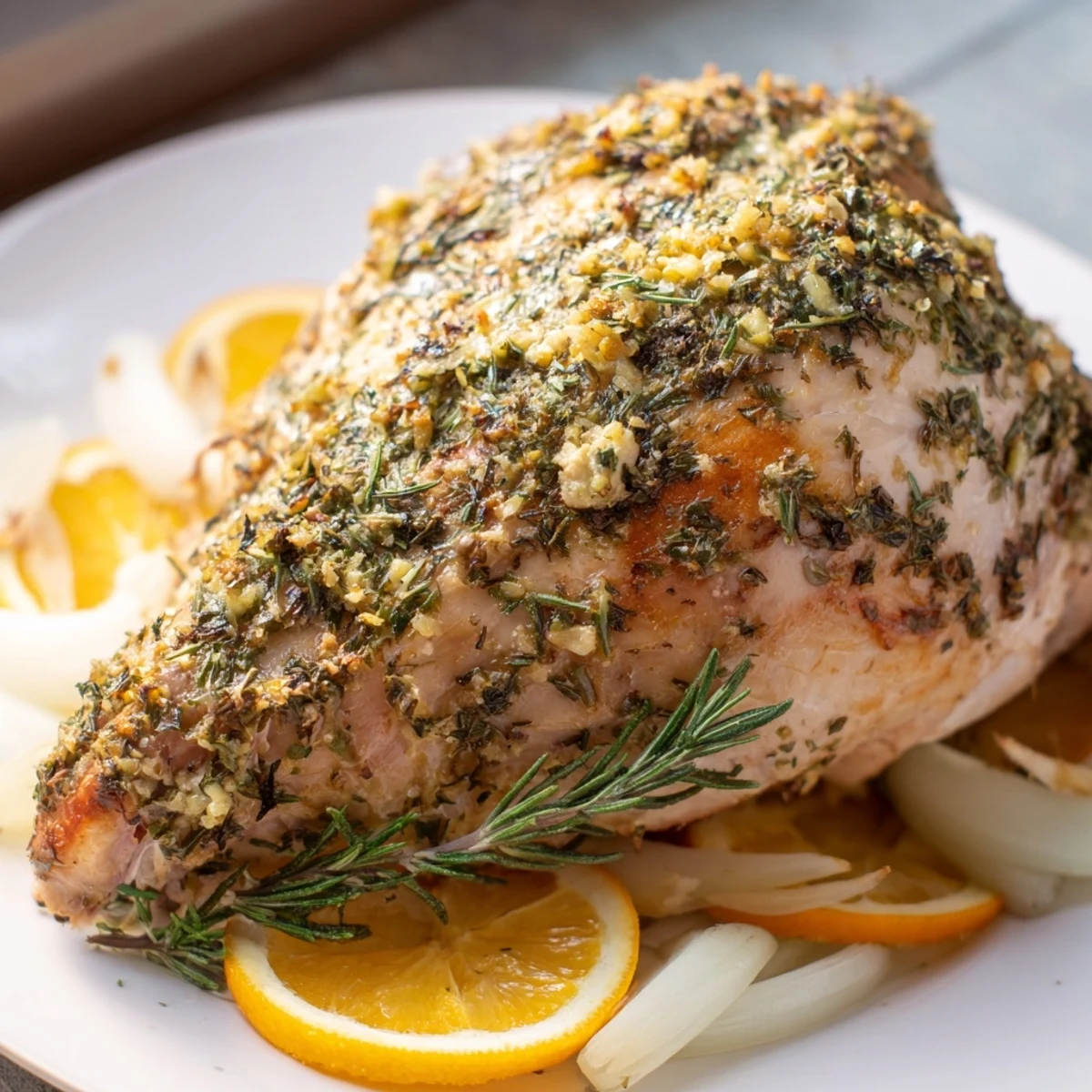 Juicy slices of Savory Herb Roasted Turkey Breast showcase tender meat on a cutting board, perfect for a family dinner.