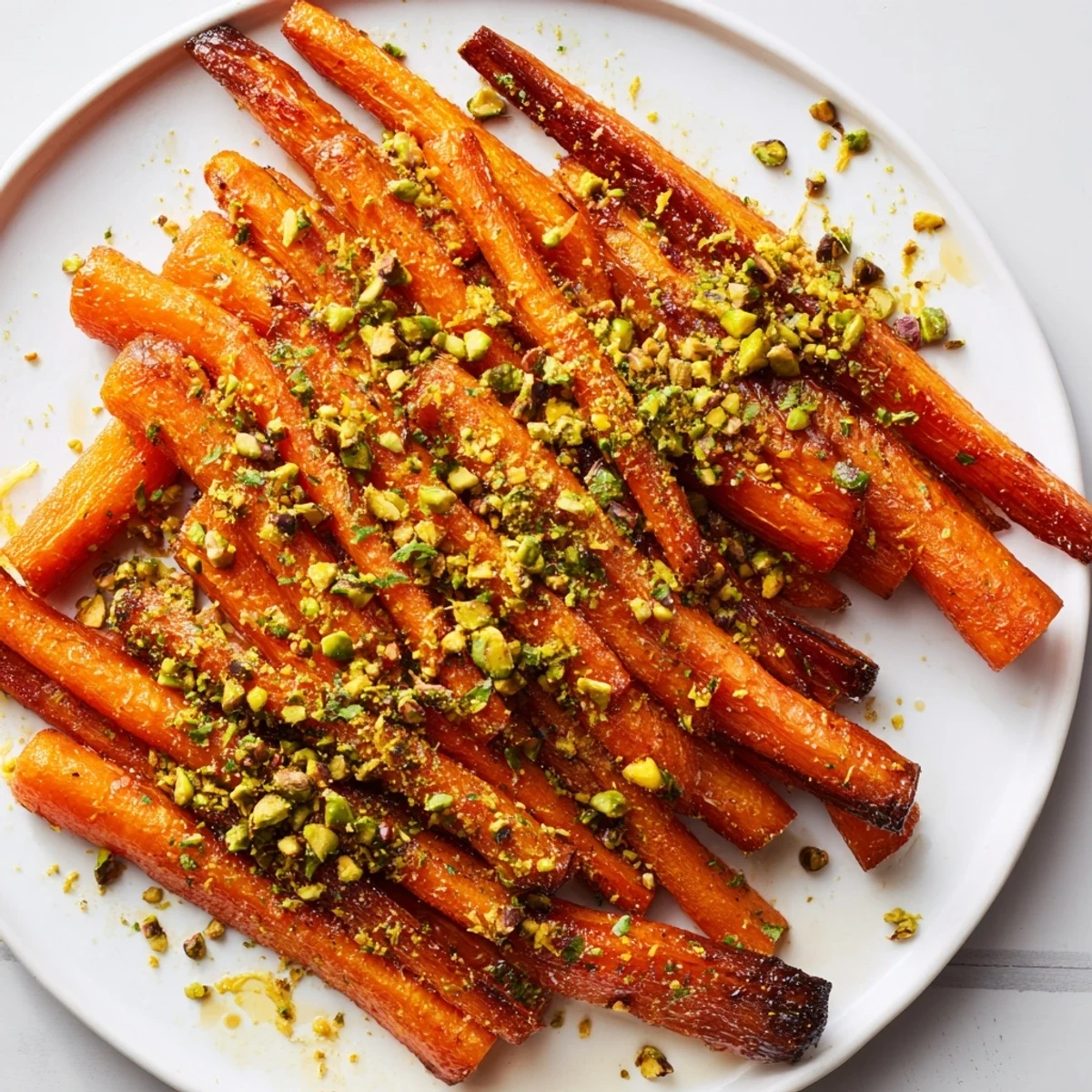 Caramelized Roasted Carrots with Honey and Pistachios glisten on a white plate, garnished with fresh parsley.